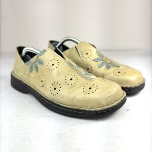 Josef Seibel Slip On Shoe Loafers Womens 39/ 8-8.5 Tan Blue Perforated Flowers